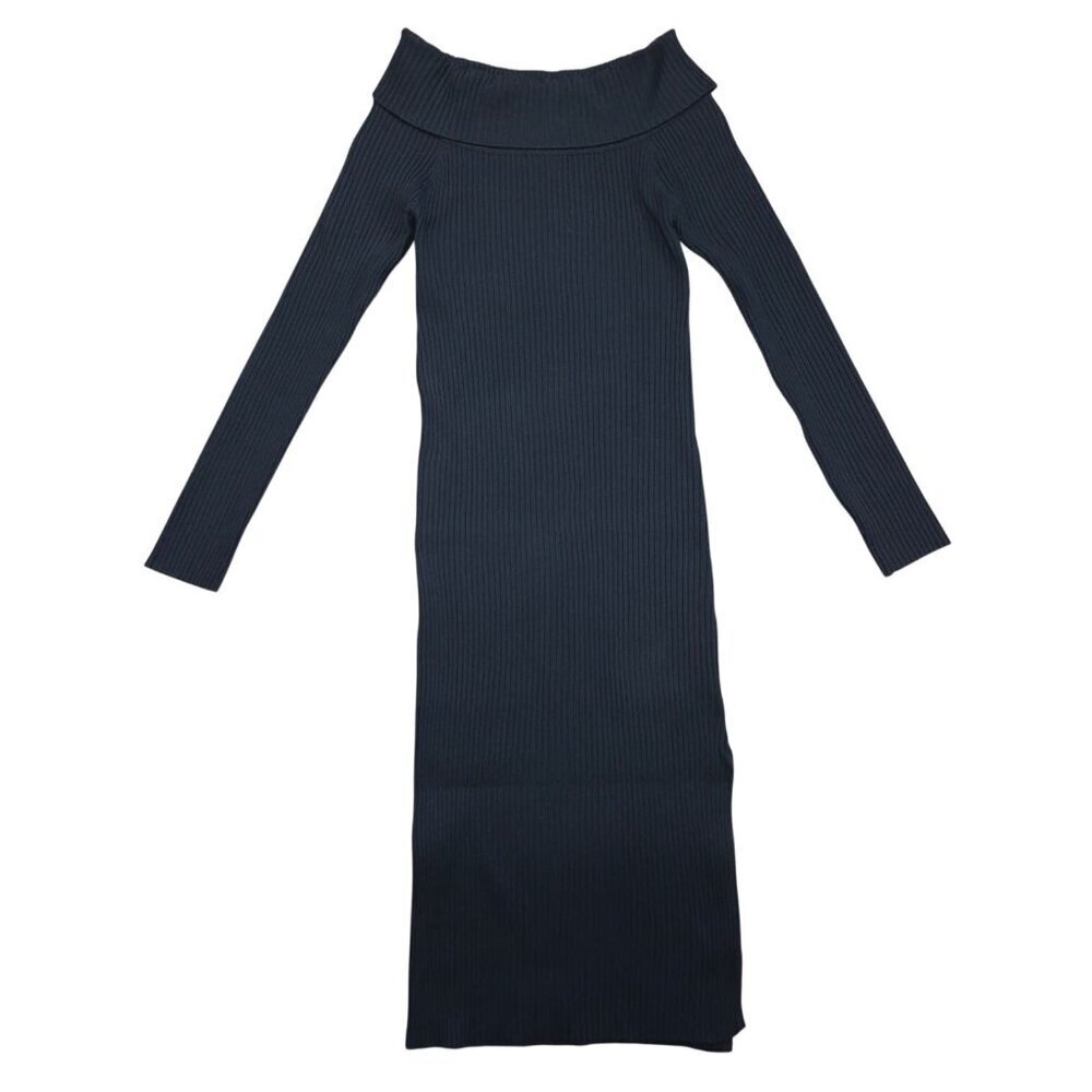 Womens Black Ribbed Off Shoulder Long Sleeve Bodycon Midi Dress Slit NWOT.